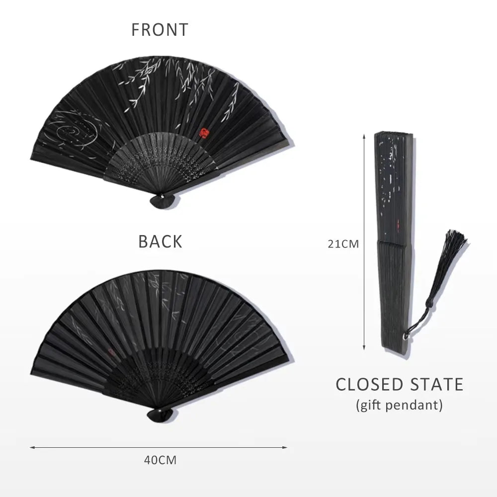 Bamboo Folding Fan with Silk — Chinese & Japanese Style Handheld Fan, Antique Art Craft for Summer Dance, Home Decor & Party
