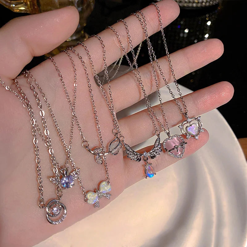 Y2K Crystal Bow Angel Wings Necklace - Heart Pendant Clavicle Chain for Women Trendy Aesthetic Jewelry