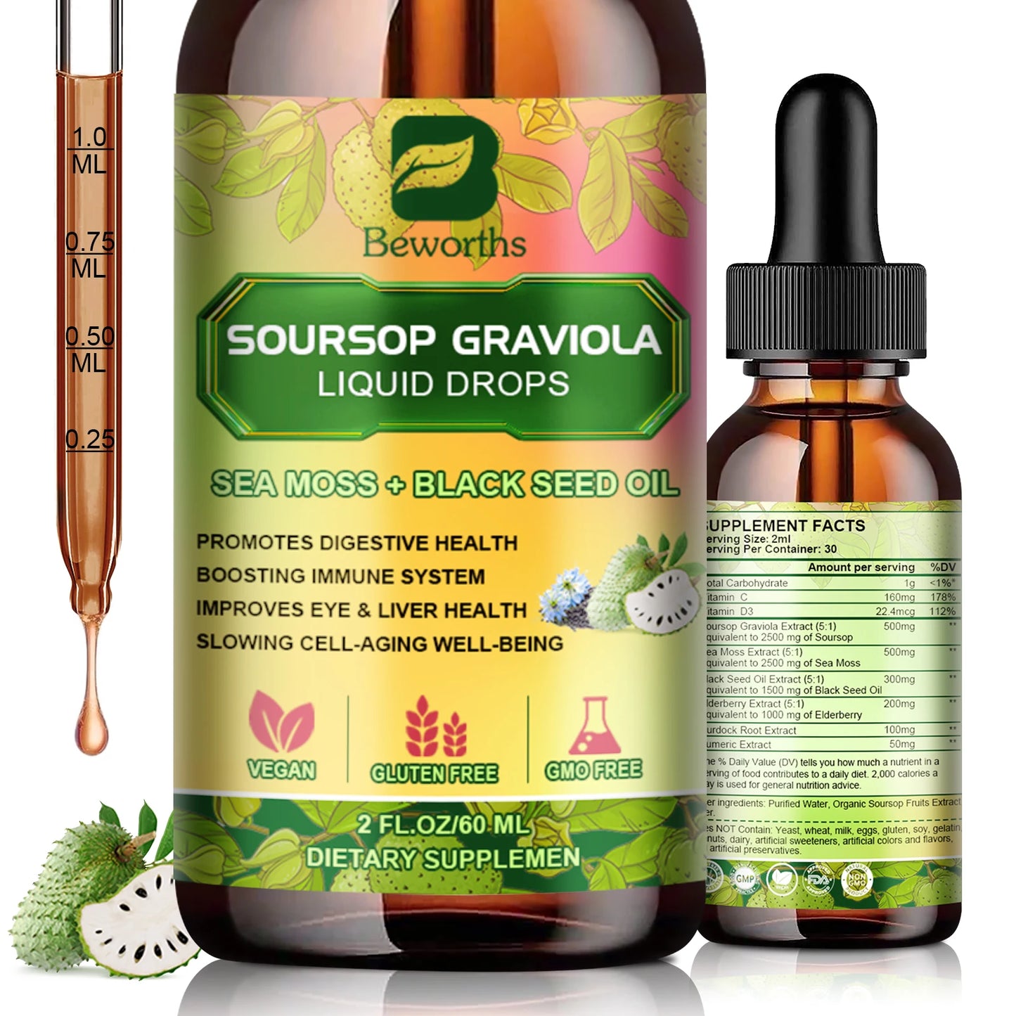BEWORTHS 60ml Soursop Graviola Extract Drops – Immunity, Kidney Health, Detox & Antioxidant Support, Gluten-Free