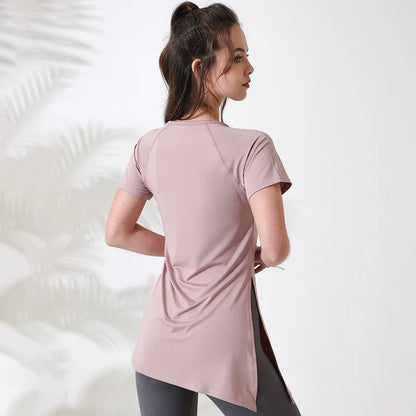 Women’s Short Sleeve Yoga Workout Top – Breathable Gym Fitness Shirt with Side Drawstring Split Hem Sportswear for Training & Running