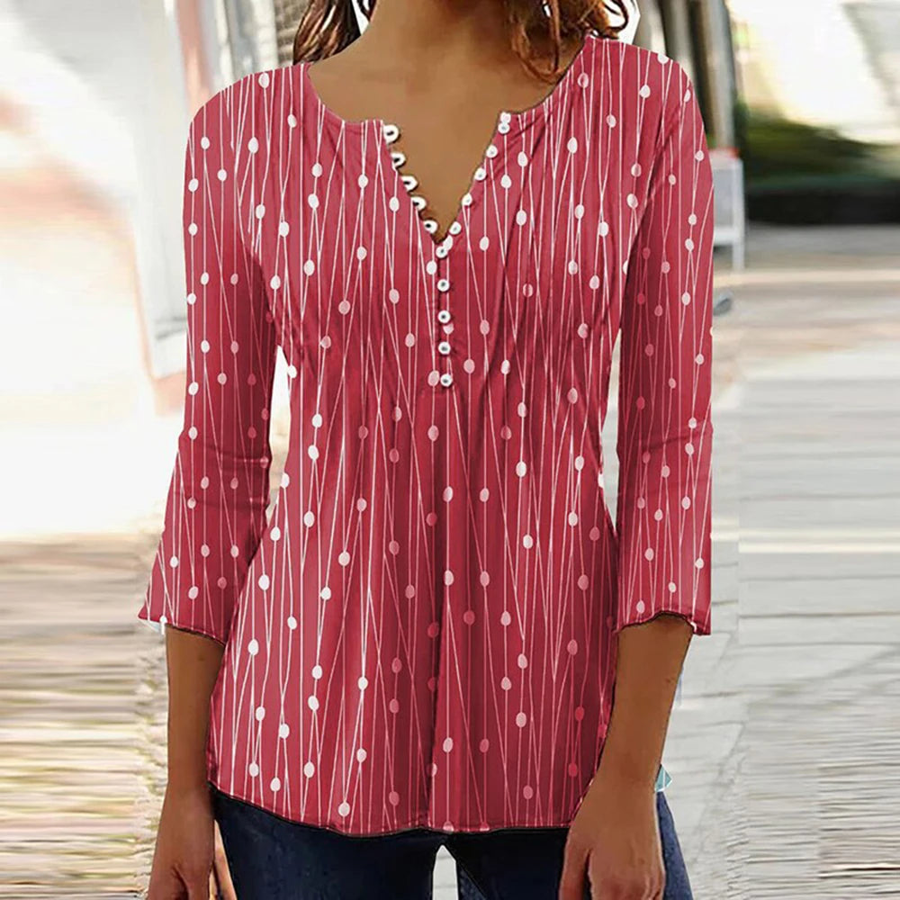 2024 Trendy 3D Printed Women’s Blouse Shirt – V Neck Button-Up 3/4 Sleeve Elegant Spring Summer Fashion Top