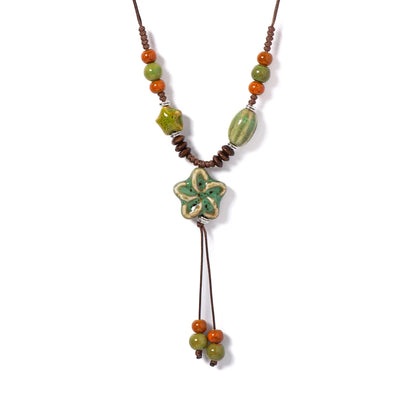 Nature-Inspired Ceramic Pendant Necklace - Handmade Adjustable Boho Ethnic Green Blossom Artisan Jewelry for Women