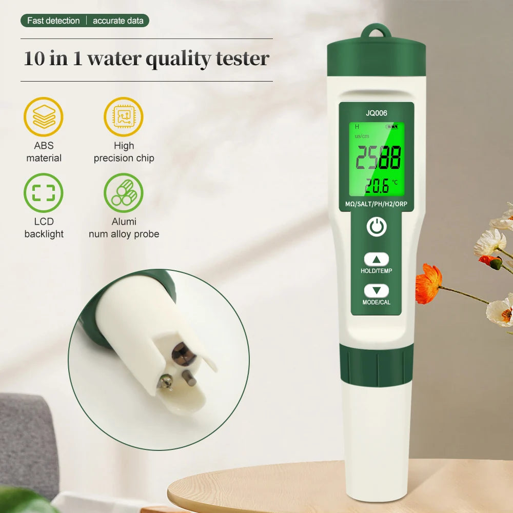 10-in-1 Digital Water Quality Tester — pH/EC/TDS/ORP/H₂/Fertility/Salinity/SG/Resistivity/Temp Meter for Aquariums, Pools & Hydroponics
