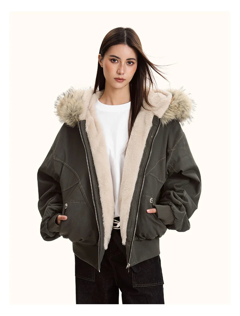 ZAROY Y2K Fur Collar Hooded Parka – Thick Padded Gothic Winter Jacket Streetwear for Men & Women