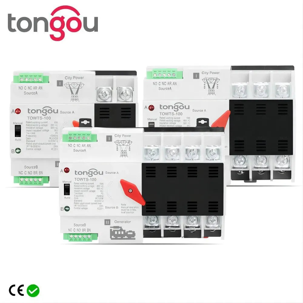 TONGOU Din Rail ATS Dual Power Automatic Transfer Switch – 2P 3P 4P Electrical Selector, Uninterrupted Power, 63A-100A Mini