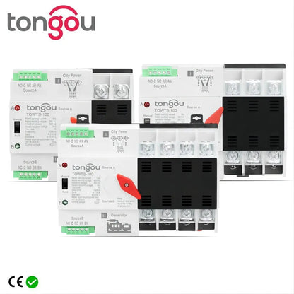 TONGOU Din Rail ATS Dual Power Automatic Transfer Switch – 2P 3P 4P Electrical Selector, Uninterrupted Power, 63A-100A Mini