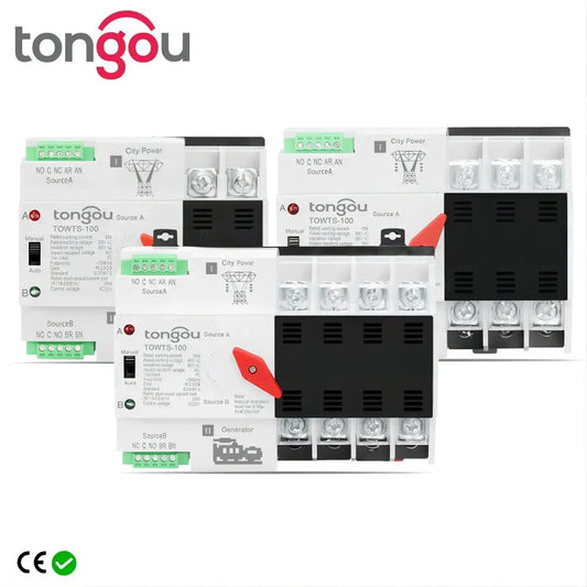 TONGOU Din Rail ATS Dual Power Automatic Transfer Switch – 2P 3P 4P Electrical Selector, Uninterrupted Power, 63A-100A Mini