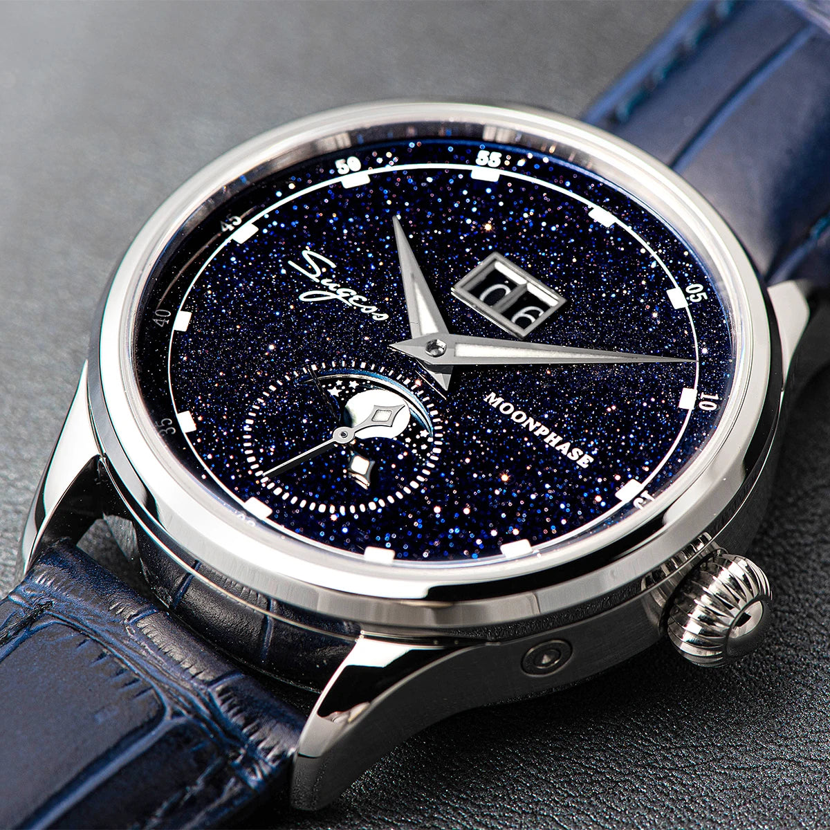 Sugess Moonphase Men’s Automatic Mechanical Watch — 40MM Stainless Steel with Seagull ST2528 Movement and Blue Sandstone Dial