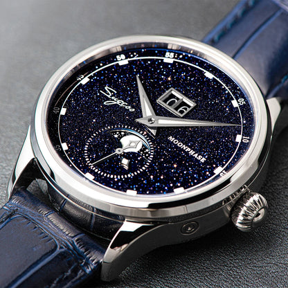 Sugess Moonphase Men’s Automatic Mechanical Watch — 40MM Stainless Steel with Seagull ST2528 Movement and Blue Sandstone Dial