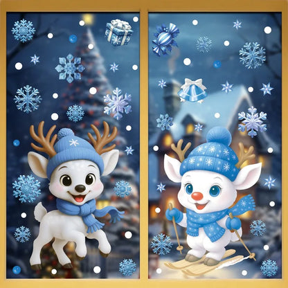 Christmas Blue Snowman Window Stickers – Santa, Snowflake, Bird & Elk Ornaments for Merry Christmas 2025 and Happy New Year 2026