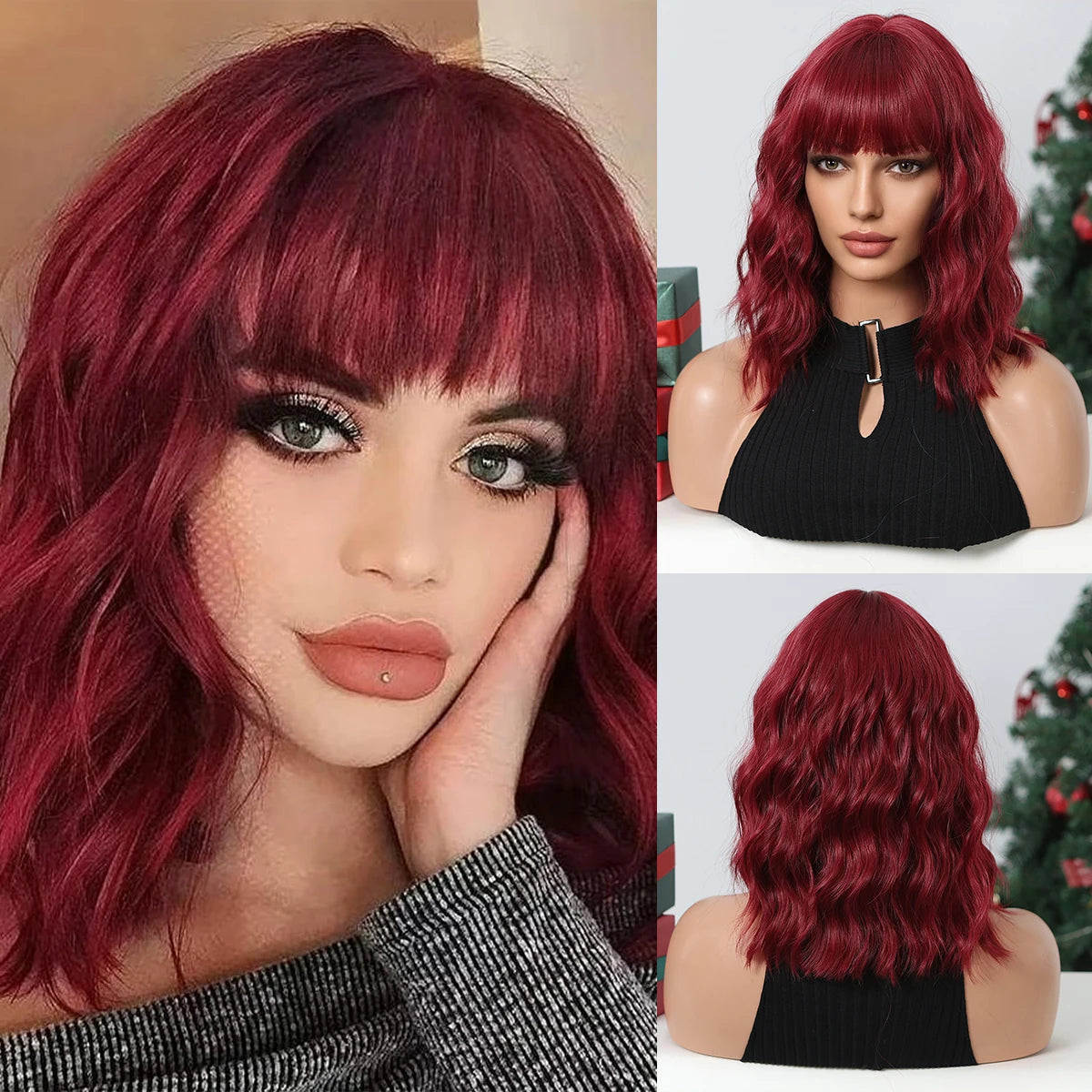 Short Wavy Green Synthetic Wig for Women – Green Cosplay Bob Wig with Bangs, Lolita Party Hair, Heat-Resistant Natural Fake Hair