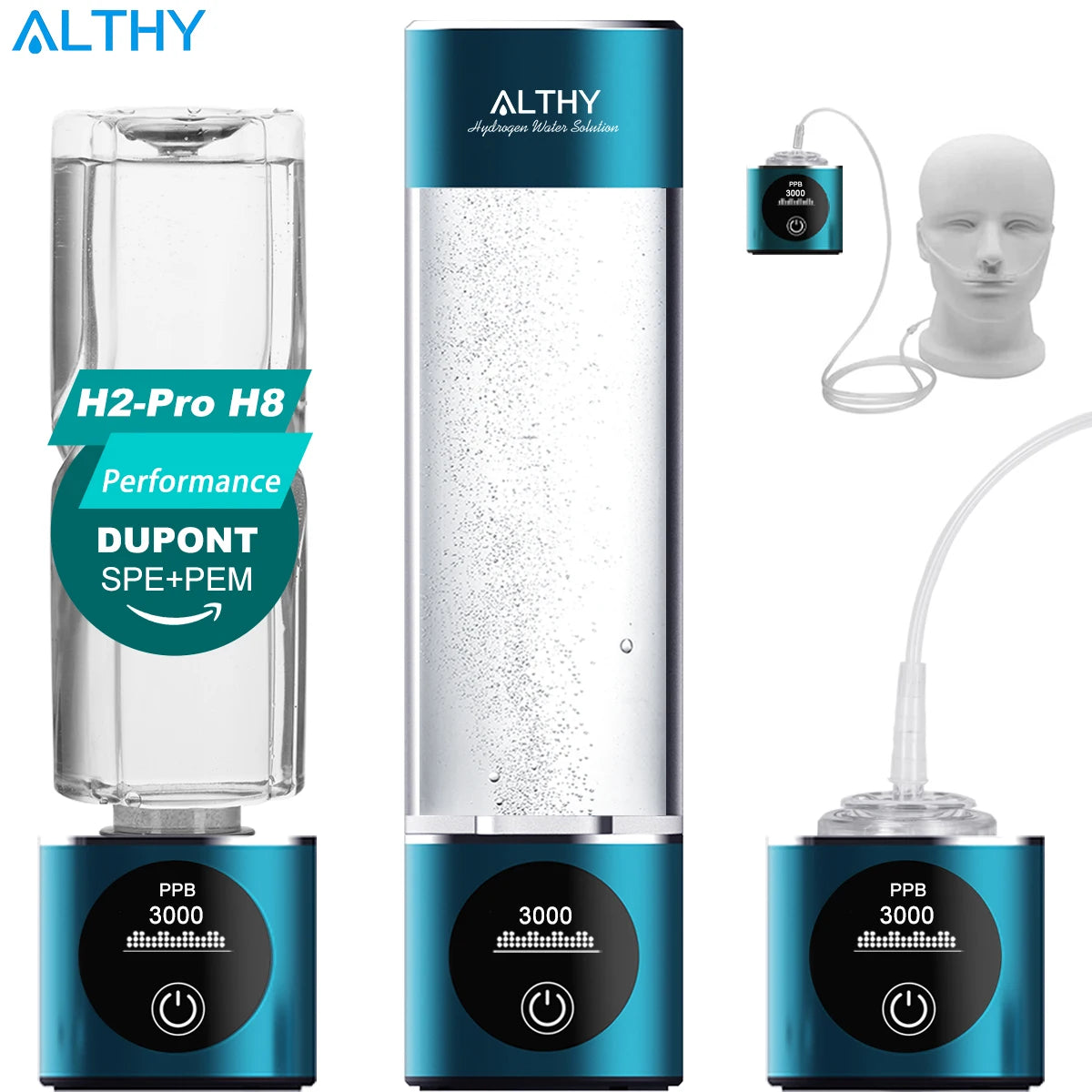 ALTHY Hydrogen Water Generator Bottle - DuPont SPE+PEM Dual Chamber Ionizer Cup with H2 Inhalation Device, PPB & Time Display