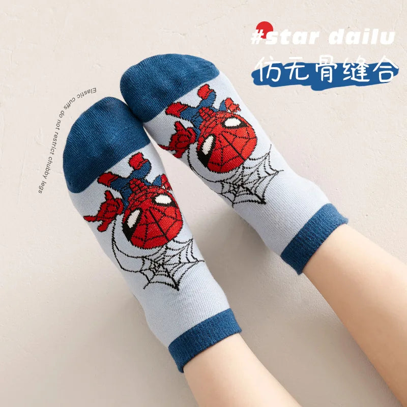 5 Pairs Spiderman Cotton Socks for Kids – Iron Man, Hulk, Thor Anime Boys Short Socks, Cartoon Baby Spring & Summer Footwear