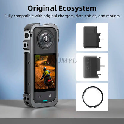 Aluminum Alloy Protective Cage for Insta360 X5 – Camera Frame with Silicone Lens Cover & 1/4" Cold Shoe