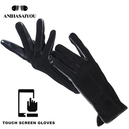 Women’s Winter Touch Gloves – 50% Genuine Leather & 50% Suede, Colorful Warm Leather Gloves