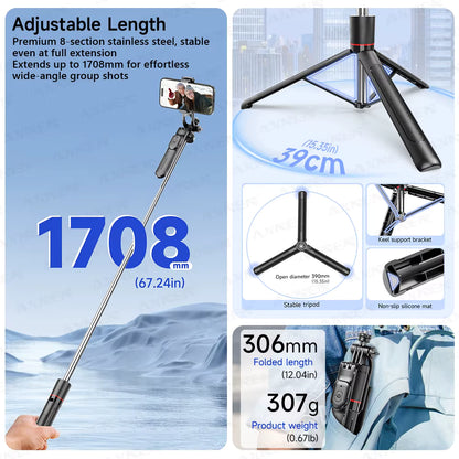 F16 Selfie Stick Tripod – 1708mm 8-Section Extendable Pole with Bluetooth Remote, 360° Rotation & 1/4 Screw Mount for Phone Camera Vlogging & Photography
