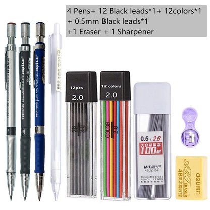 Mechanical Pencil Set 2.0mm – Automatic Pencil with 2B Black & Colored Lead Refills for Writing, Sketching, & Art Drawing