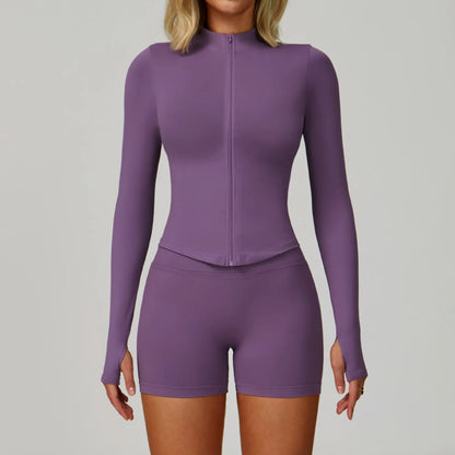 2/3PCS Women’s Seamless Yoga & Gym Set – Push-Up Sports Bra, Long Sleeve Jacket & Workout Leggings