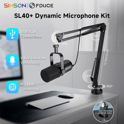FDUCE SL40+ USB/XLR Dynamic Microphone Kit – Built-in Headset Output, Sound Insulation & Arm Stand for PC, PS5/4, Mixer