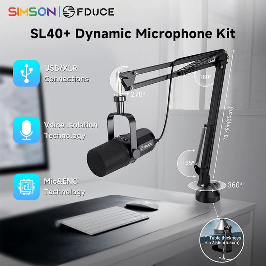 FDUCE SL40+ USB/XLR Dynamic Microphone Kit – Built-in Headset Output, Sound Insulation & Arm Stand for PC, PS5/4, Mixer