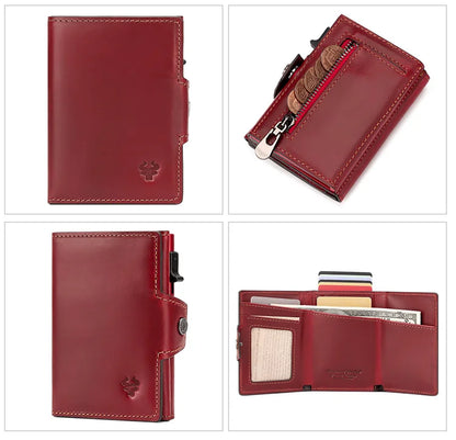 HUMERPAUL Men’s Pop-Up Card Holder – Crazy Horse Leather RFID Blocking Slim Wallet with Money Pocket & Metal Bank Card Case