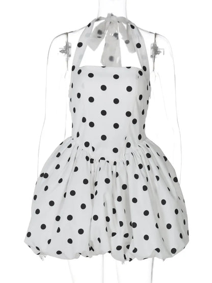 Mozision Women’s Polka Dot Halter Mini Dress – Off-Shoulder Sleeveless Backless High Waist A-Line Club & Party Dress