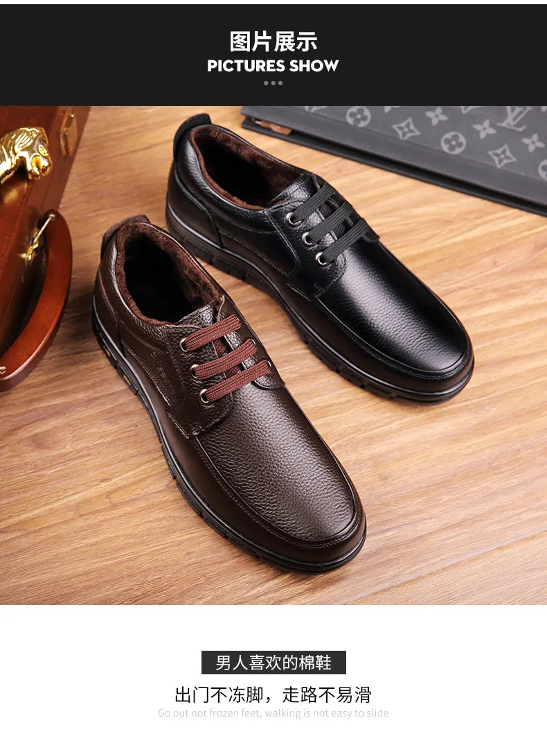 Men's Genuine Leather Casual Shoes - Soft Sole Lace-Up Loafers, Luxury Brand for Middle-Aged & Older Adults, Lightweight Dad Shoes