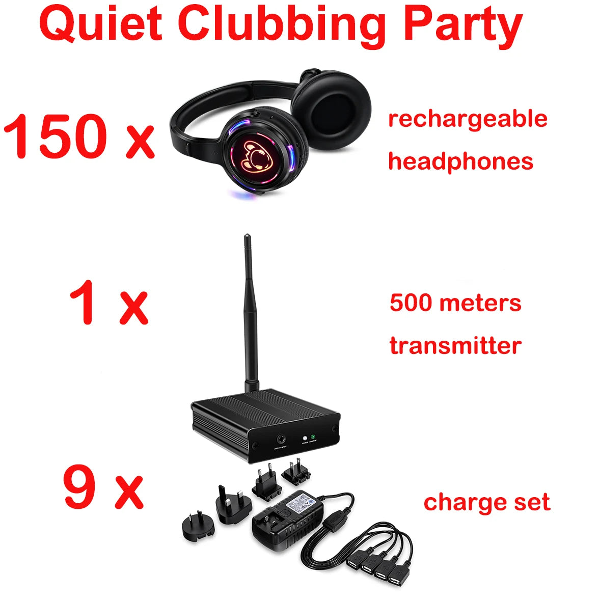 Silent Disco Complete System – Black LED Wireless Headphones Bundle with 5 Headsets & 1/2/3 Transmitters for Quiet Parties