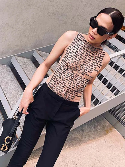 Women's Letter Print Mesh Vest - European & American Style Sleeveless Slim Fit Round Neck Top