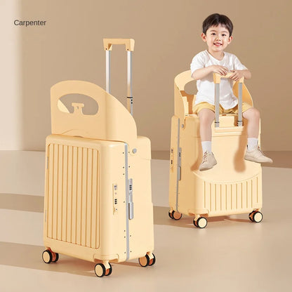 2025 Kids Suitcase with Seat & Charging Port – Baby Boarding Trolley Luggage with Safety Belts & Side Opening, 20/22/24 inch
