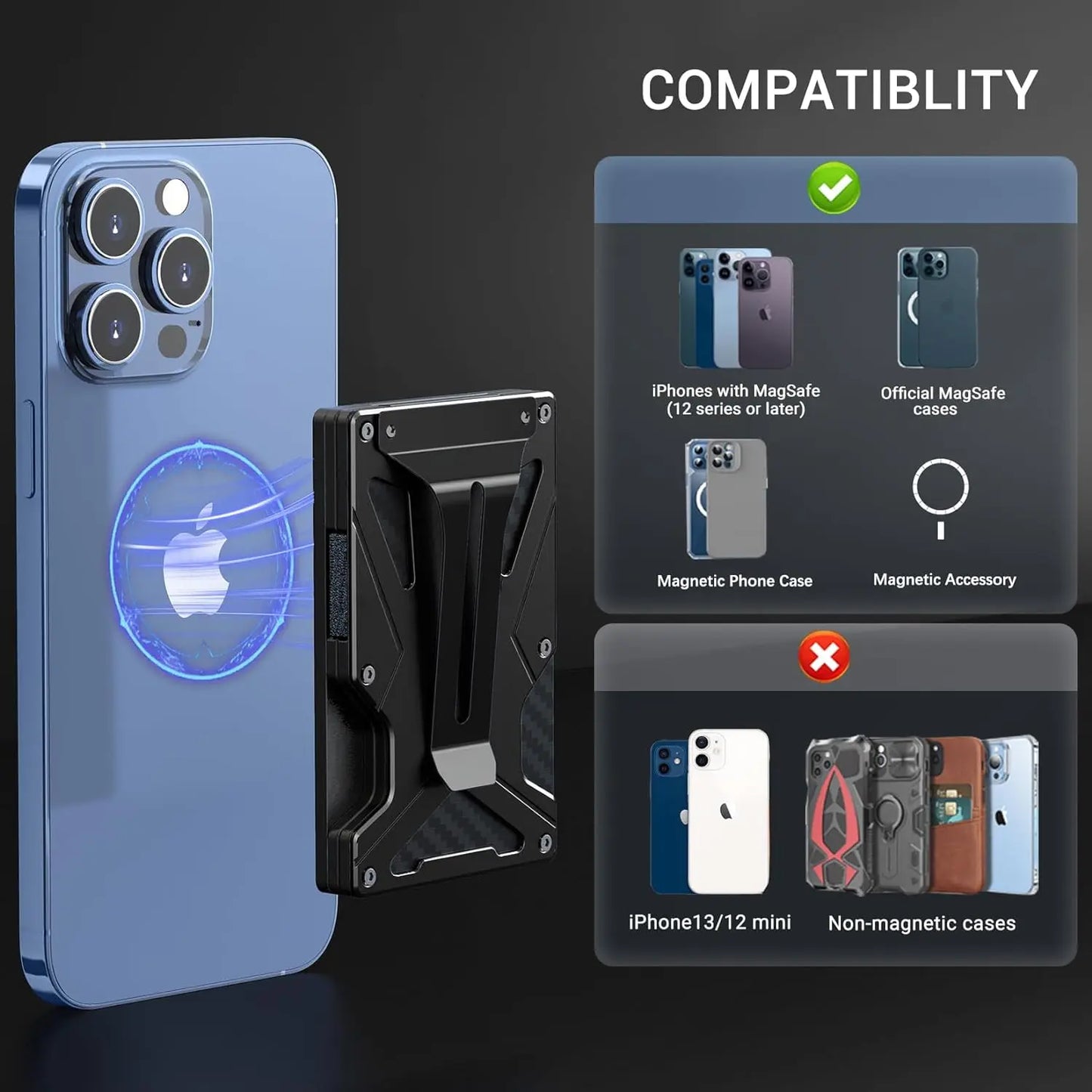 MagSafe Wallet & Money Clip with AirTag Holder + Magnetic Sheet — Fits Magnetic & Non-Magnetic Phones