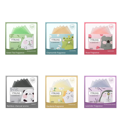 100pcs Fragrance Oil-Absorbing Face Paper - Green Tea, Gardenia, Chamomile, Lavender, Rose & Bamboo Charcoal Blotting Sheets