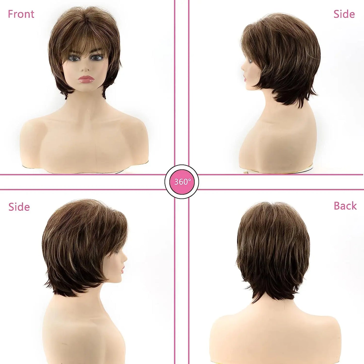 Brown Short Layered Pixie Cut with Blonde Highlights – Natural-Looking Synthetic Wig for White Women
