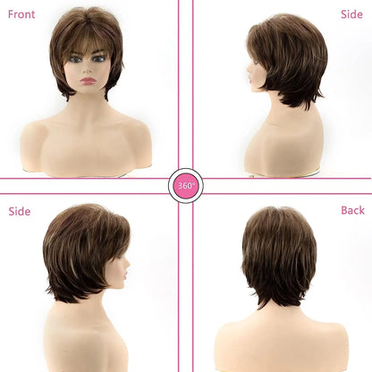 Brown Short Layered Pixie Cut with Blonde Highlights – Natural-Looking Synthetic Wig for White Women