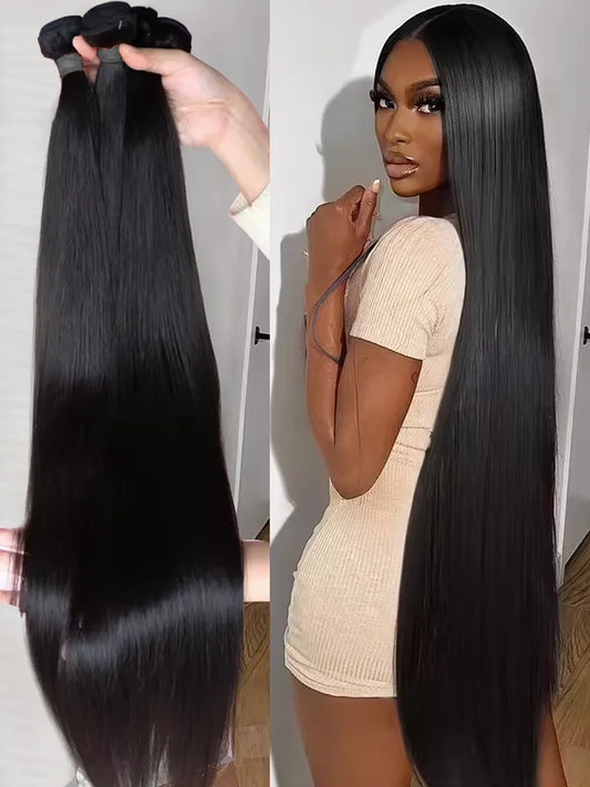 30-34 Inch Bone Straight Human Hair Bundles – Natural Black Remy Unprocessed Virgin Hair Extensions, 3-4 Bundle Deals