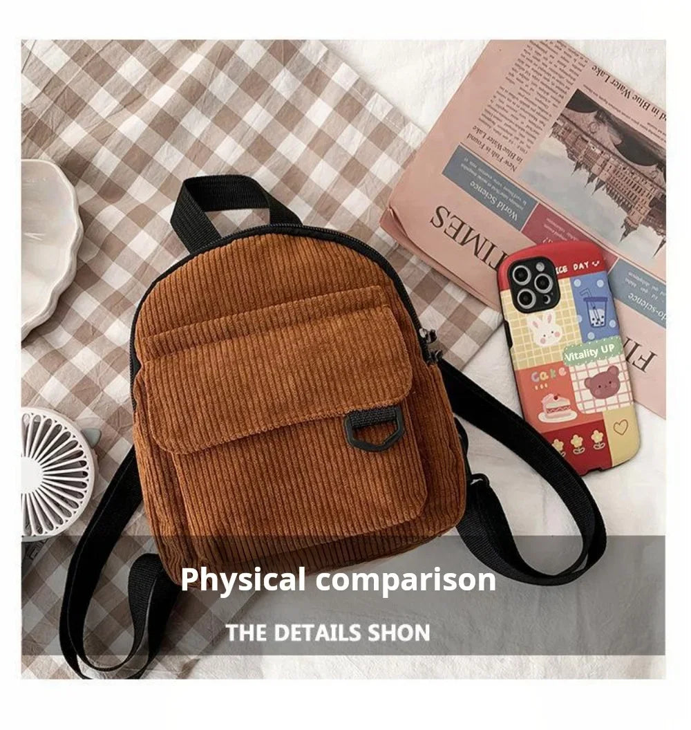 Women's Mini Backpack - Fashionable Solid Color Corduroy Casual Schoolbag with Large Capacity