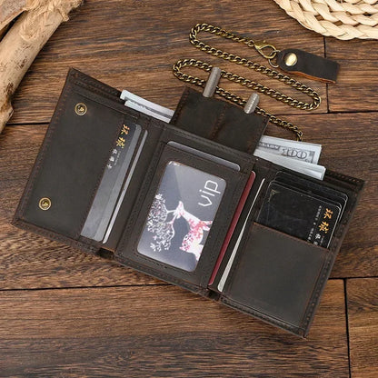 Men's Genuine Leather Short Wallet with Chain – Zipper Clutch, Trifold Purse, Card Holder & Coin Purse for Men