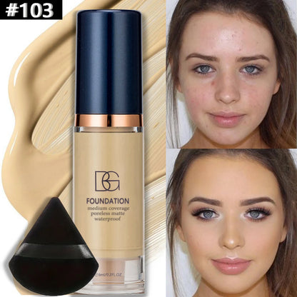 2PCS Waterproof Liquid Foundation Set - Matte Full Coverage Makeup with Black Triangle Powder Puff for Flawless Finish