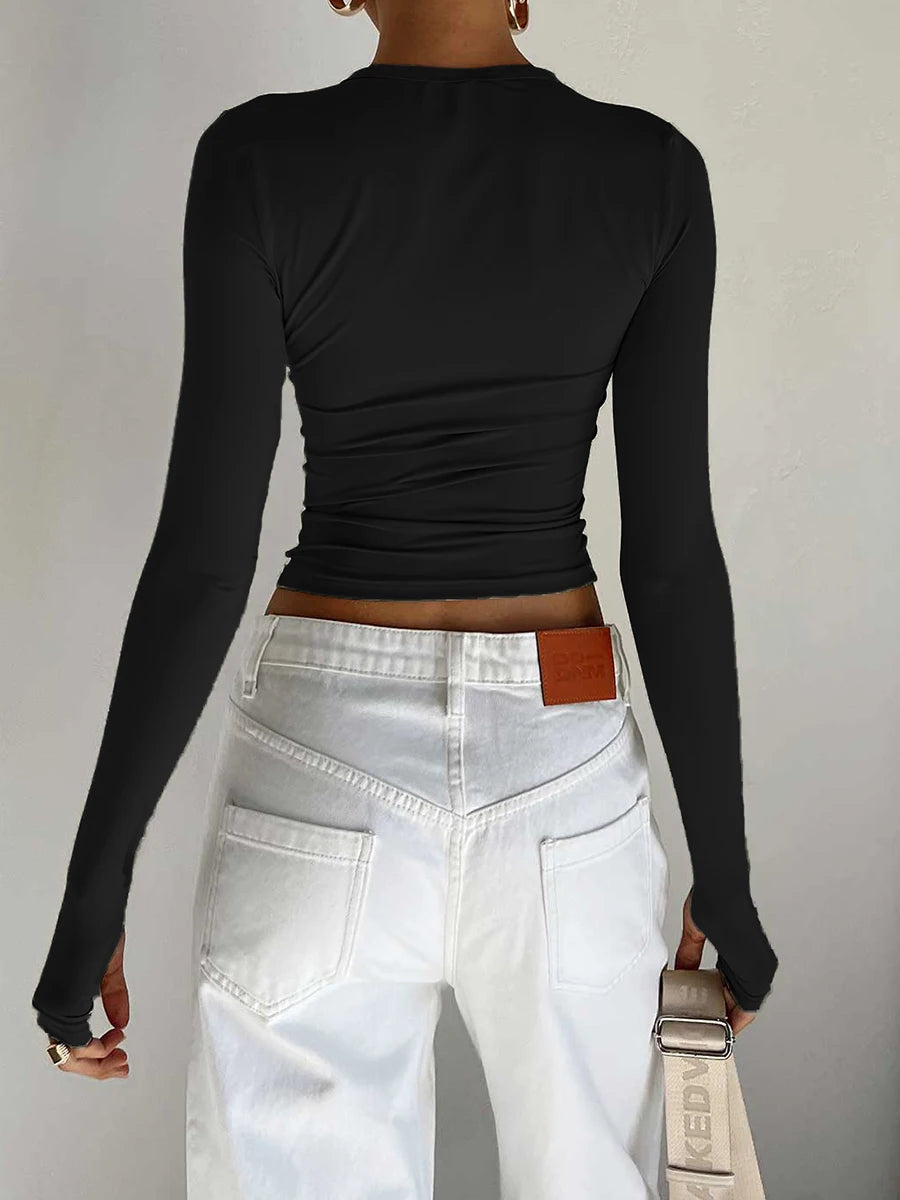 Stylish Women's Long Sleeve Crew Neck Crop Top | Solid Slim Fit T-shirt with Thumb Holes | Perfect for Daily Streetwear & Summer Camis
