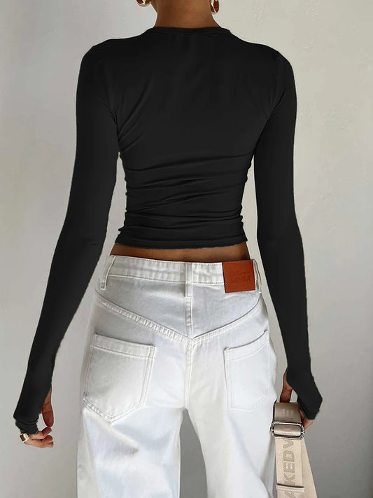 Stylish Women's Long Sleeve Crew Neck Crop Top | Solid Slim Fit T-shirt with Thumb Holes | Perfect for Daily Streetwear & Summer Camis