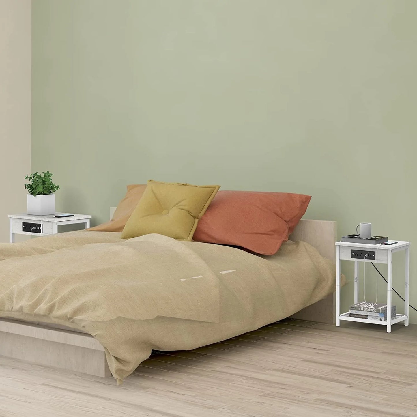 Set of 2 Nightstands with Charging Station - Bedside Tables with USB Ports and Outlets, 2-Tier End Table with Storage Shelf