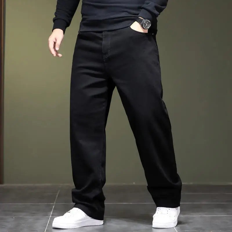 Big Size Men’s Black Jeans – Wide-Leg Denim Pants for 45–150kg, Comfortable Fit Hombre Trousers