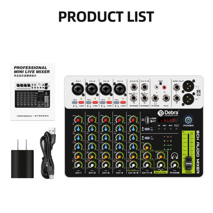 Debra V8 8-Channel Audio Mixer – Bluetooth & USB Mixer with 48V Phantom Power, Delay/Repeat Effects for PC Recording & Sound Console