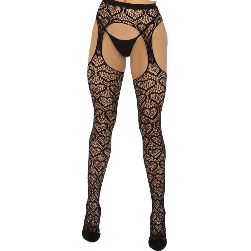 Erotic White Fishnet Thigh-High Stockings – Sexy Heart Pattern High-Waist Pantyhose Nightwear for Women