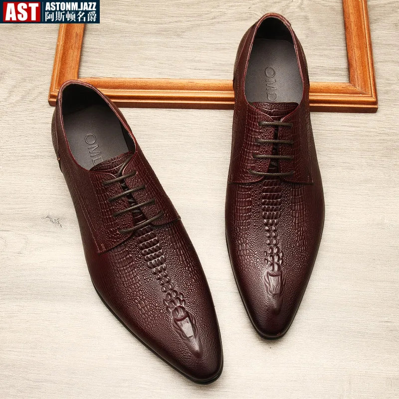 Men’s Genuine Leather Oxford Shoes - Handmade Crocodile Pattern Formal Wedding Business Dress Shoes in Black or Blue