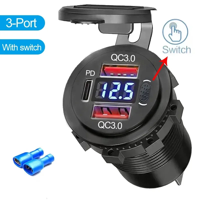 96W Dual USB Car Charger - PD & QC3.0 Fast Charging Socket with Voltmeter for 12V/24V Cars, Trucks, Boats & Motorcycles