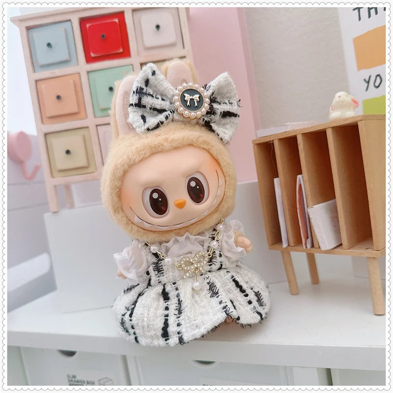 Labubu Doll Accessories — 17cm Luxury Woolen Shawl Suit & Skirt Set with Messenger Bag & Loafers
