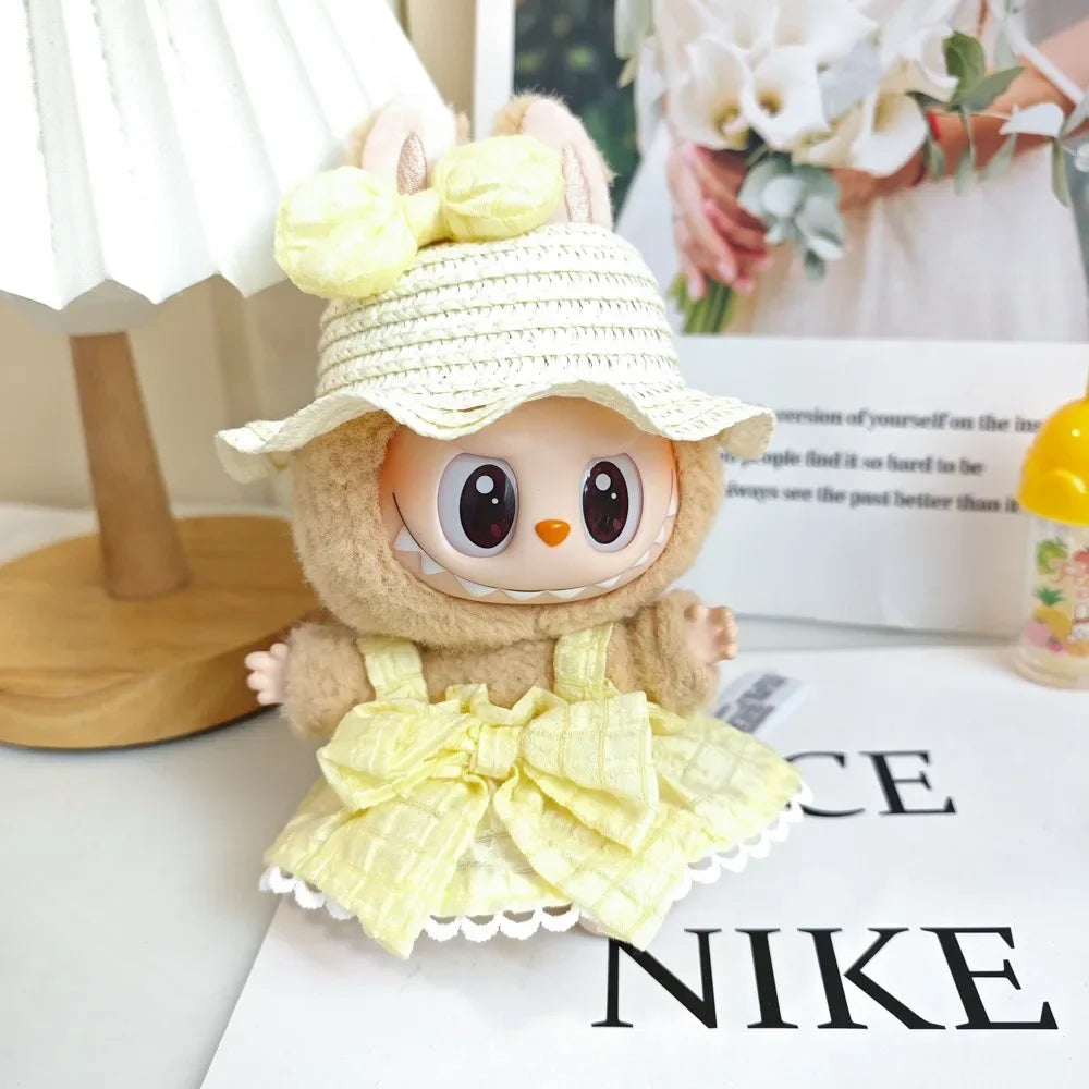 Labubu Clothes Outfit — Sweet Candy Skirt with Fresh Colors & Straw Hat Rural Style for Sitting Party Labubu