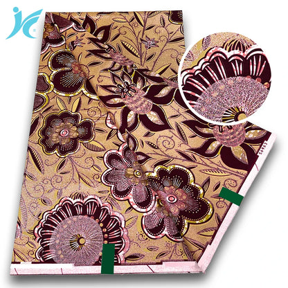 African Golden Glitter Wax Fabric - Soft Ankara Pagne Batik Gold Print Material for Women