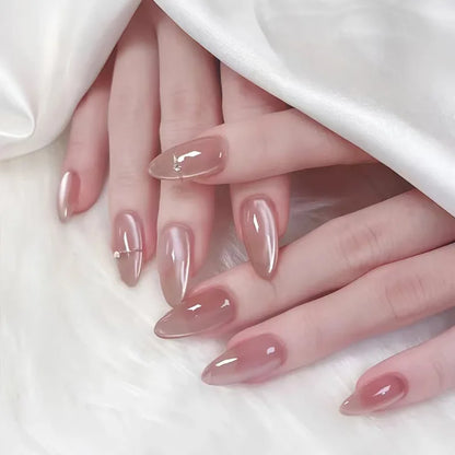 24Pcs French Press On Nails - Almond Fake Nail Tips with Glue, White Edge Design & Pink Stiletto Style Manicure Set